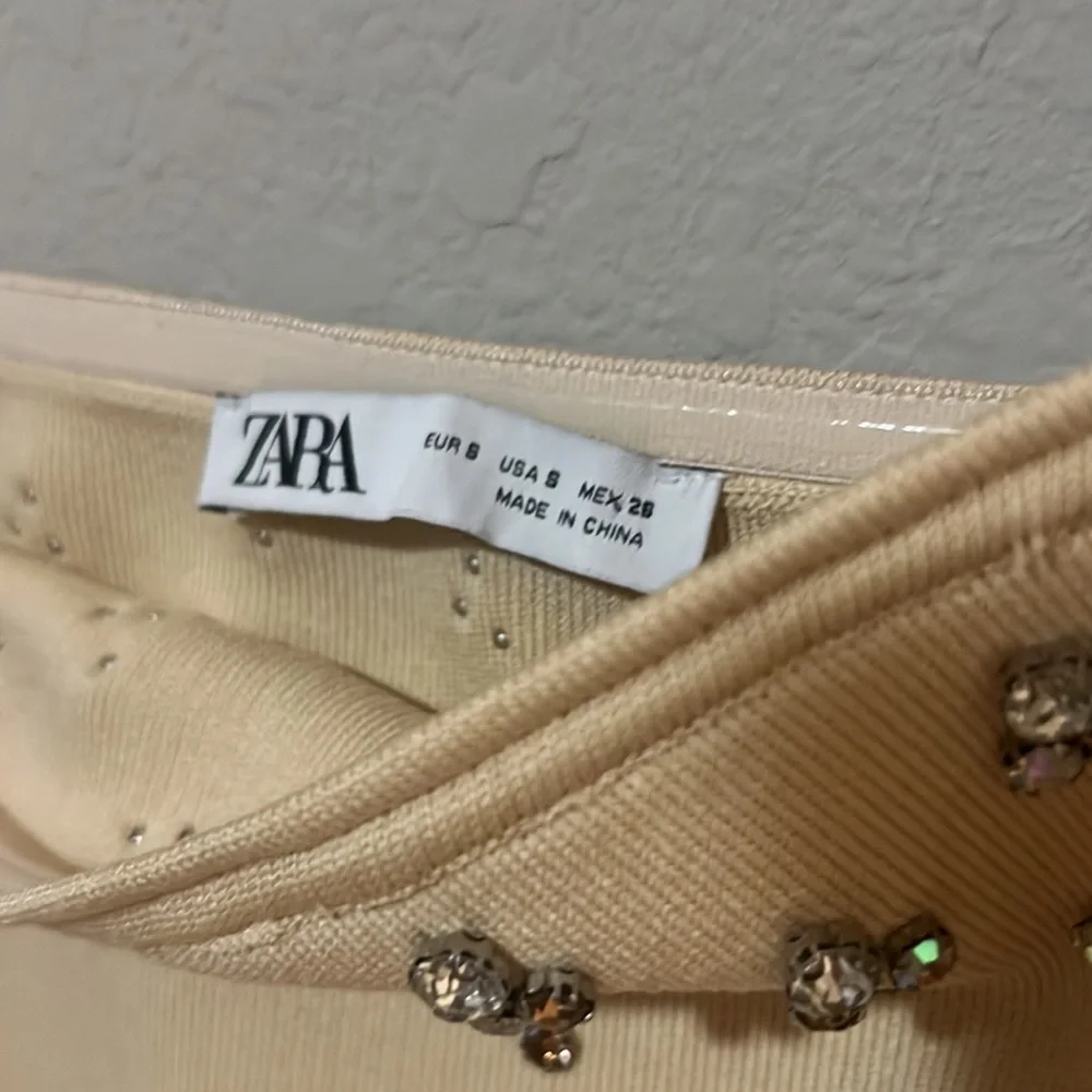 ZARA Strapless Beige Top With Rhinstone Details Size Small - Picture 3 of 5